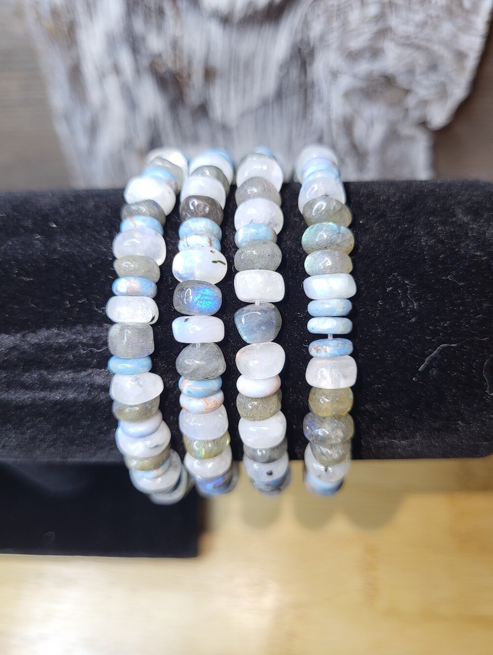 Hand Beaded Moonstone Stretch Bracelet - White Blue & Gray Set Of 4
